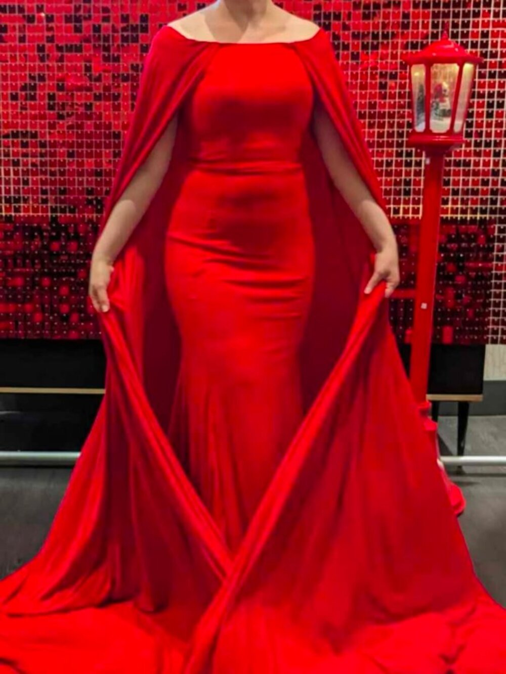 Ieena for Mac Duggal Size 2 Red Sheath Cape Evening Gown